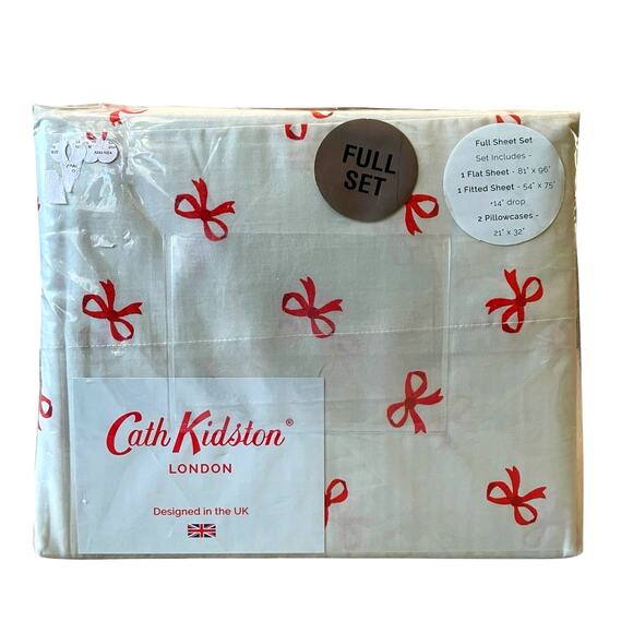 Cath Kidston London Holiday Red Bows Cotton FULL Sheet Set 4pc Sage Green NEW - Picture 1 of 15